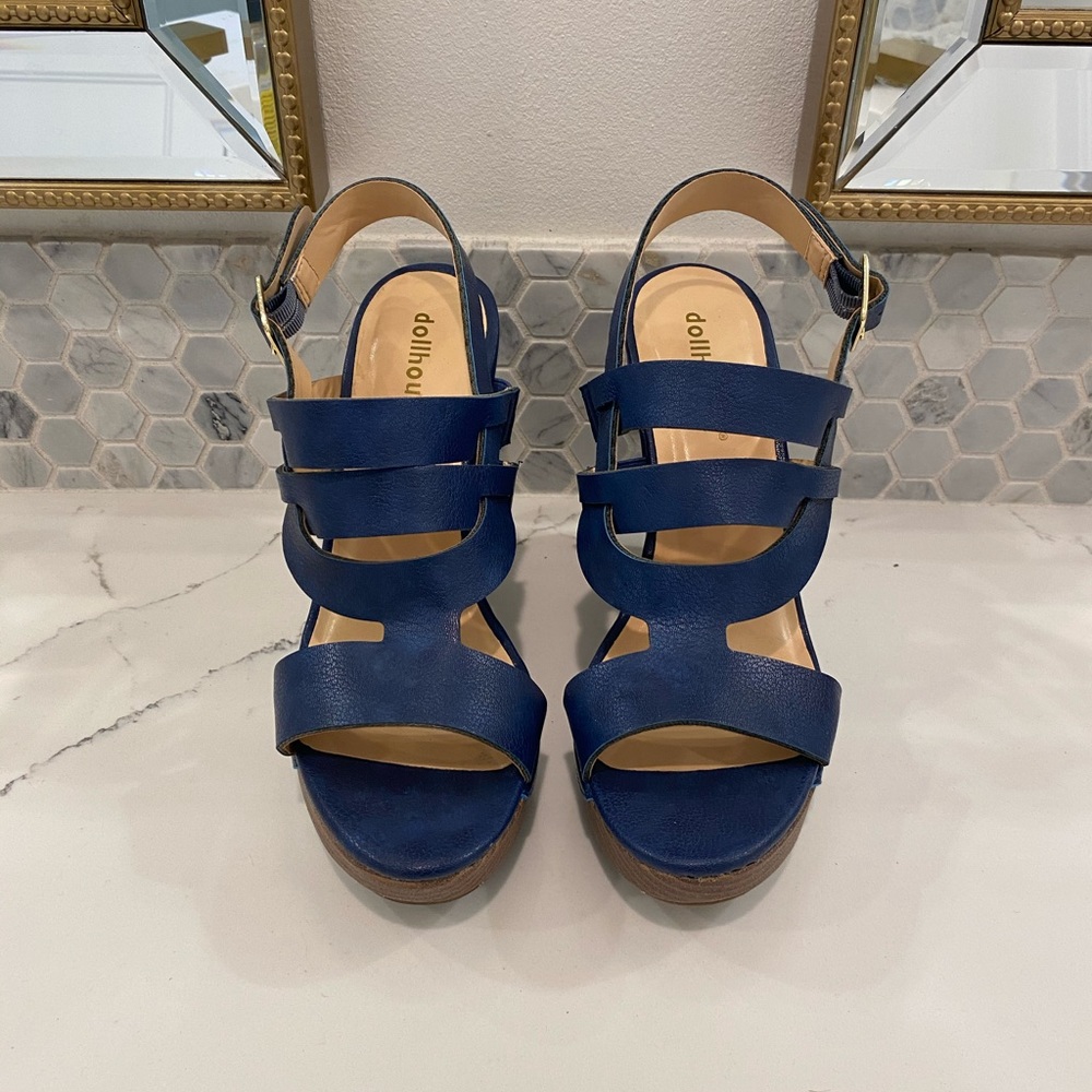 Dollhouse Navy Blue Leather Wedges